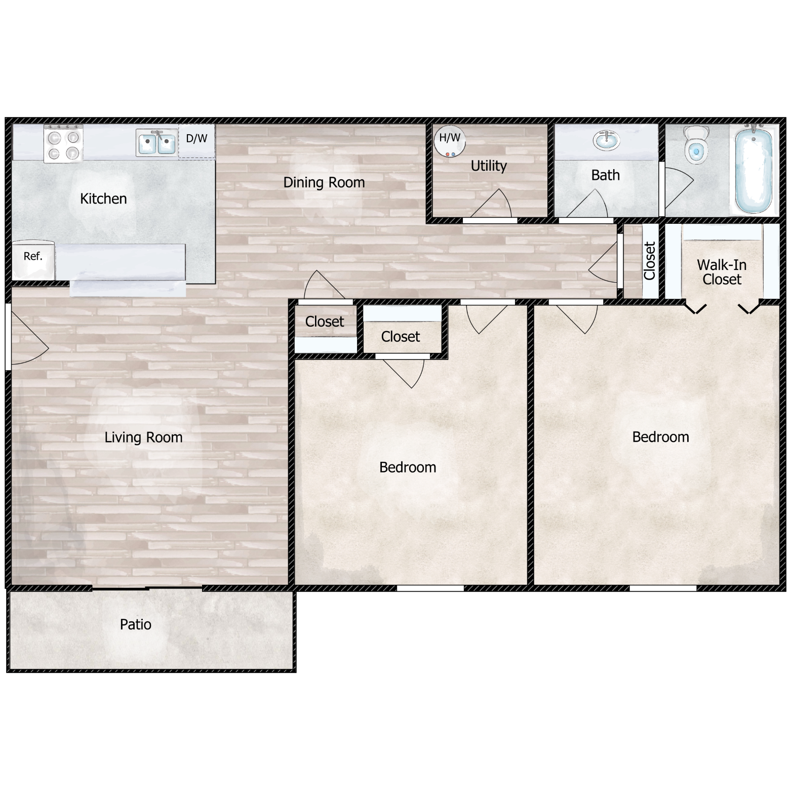 Floor plan for 2 beds, 1 bath, 1000 sqft